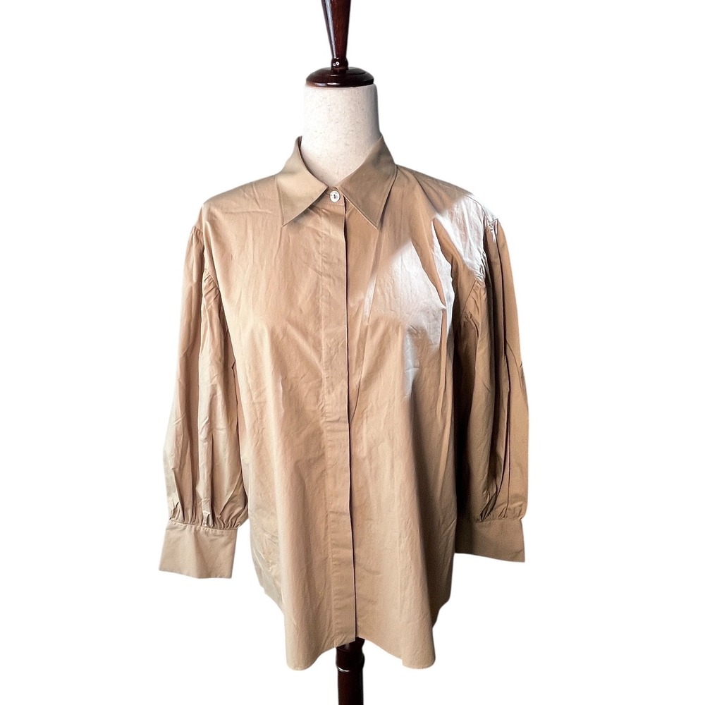 Massimo Dutti Tan Puff Sleeve Button Down Shirt US 10 Quiet Luxury Oversized